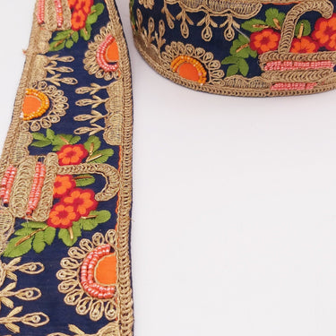Navy Blue Art Silk Fabric Trim With Green, Orange, Red And Gold Floral Embroidery